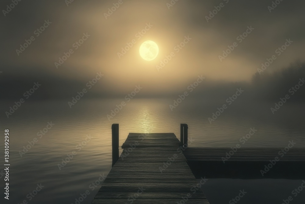 Obraz premium Misty evening on the lake with a wooden dock and full moon illuminating the water's surface