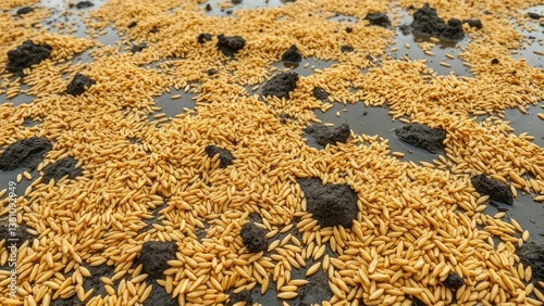 Brown rice grains scattered in a waterlogged field, wet soil, decomposition