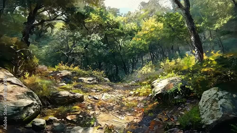 Sunlit Forest Path: A Digital Painting of a Serene Woodland Trail Sunlit Forest Path: A Digital Painting of a Serene Woodland Trail