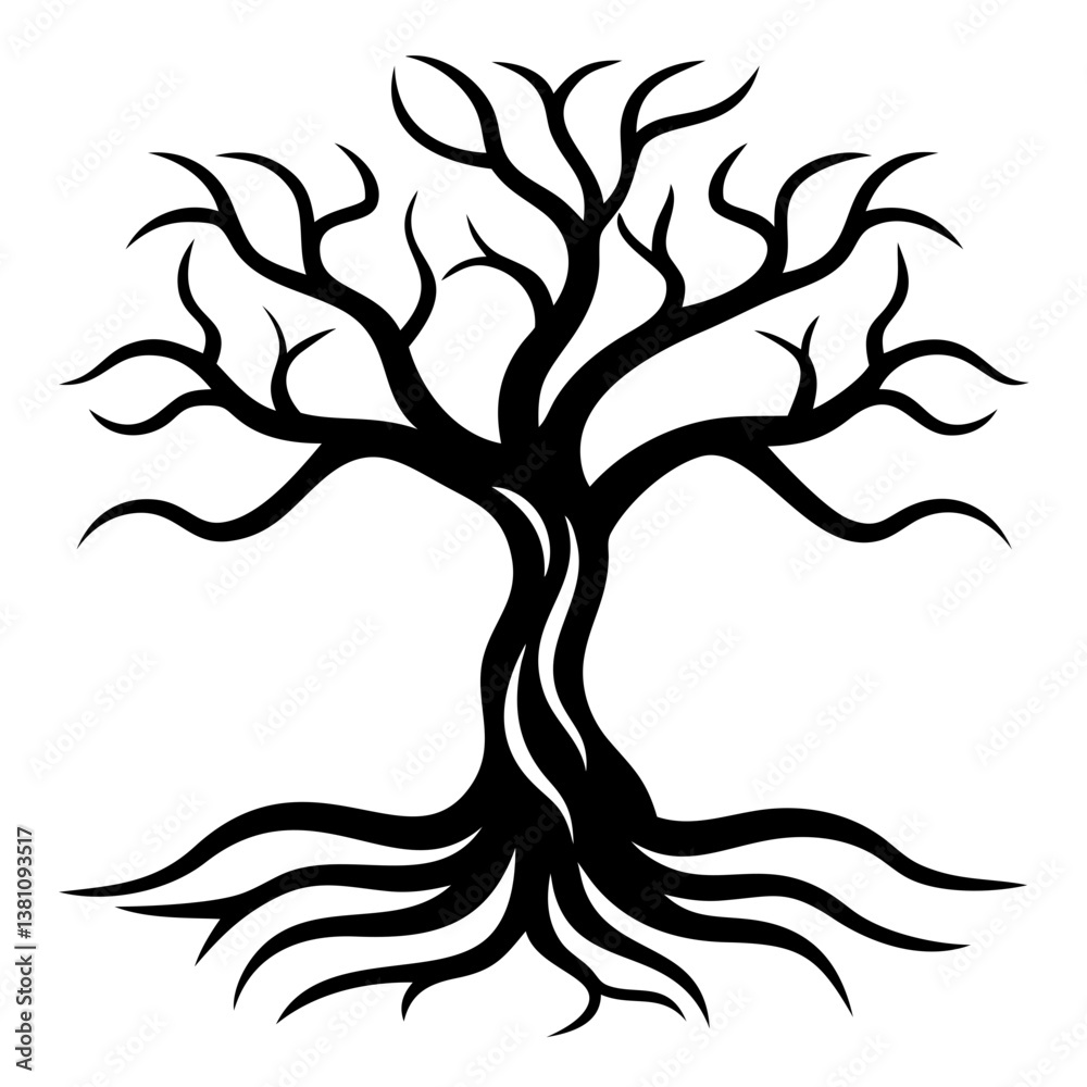 Obraz premium A tree with highly detailed twisted roots in line art on a solid white background.
