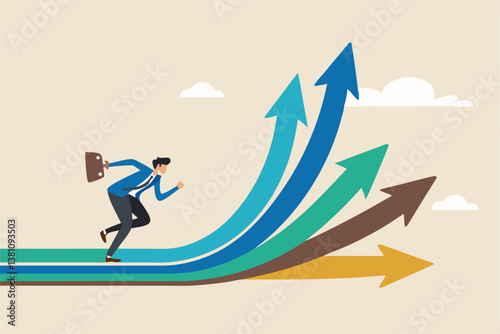 Career decision, choosing direction choices for future opportunity, different path to success, decide or progress options for career growth concept, businessman running to different arrow pathway.