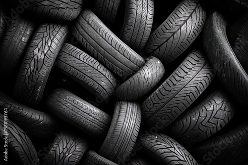 Big pile of used old car tires for recycling .