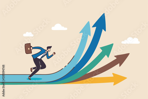 Career decision, choosing direction choices for future opportunity, different path to success, decide or progress options for career growth concept, businessman running to different arrow pathway.