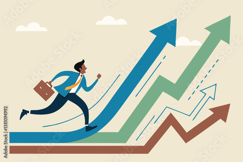 Career decision, choosing direction choices for future opportunity, different path to success, decide or progress options for career growth concept, businessman running to different arrow pathway.