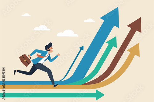 Career decision, choosing direction choices for future opportunity, different path to success, decide or progress options for career growth concept, businessman running to different arrow pathway.