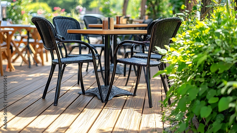 Patio table and chairs set for lunch, in a garden setting, with guests arriving in the background Patio table and chairs set for lunch, in a garden setting, with guests arriving in the background