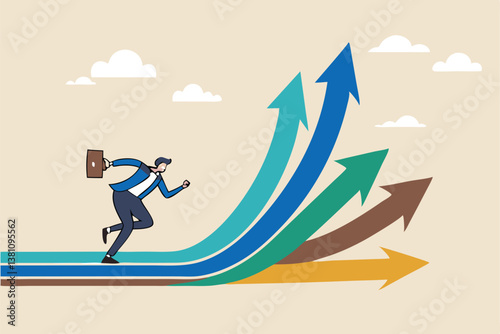 Career decision, choosing direction choices for future opportunity, different path to success, decide or progress options for career growth concept, businessman running to different arrow pathway.