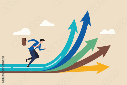 Career decision, choosing direction choices for future opportunity, different path to success, decide or progress options for career growth concept, businessman running to different arrow pathway.