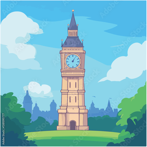 Famous British clock tower Big Ben isolated, vector, illustration