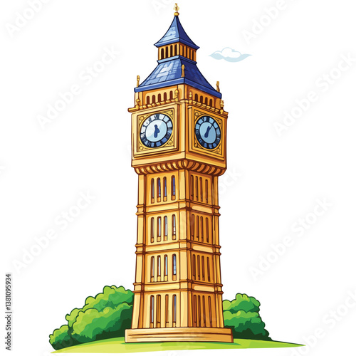 Famous British clock tower Big Ben isolated, vector, illustration