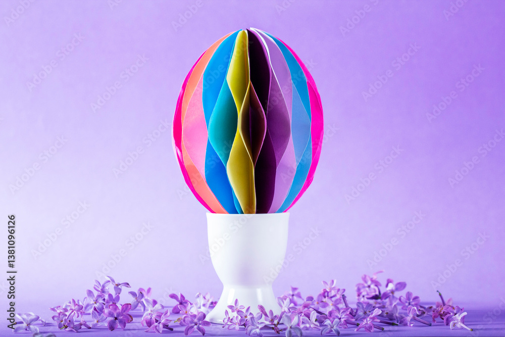 Decorative paper Easter egg in an egg cup and lilac flowers on a lilac background.