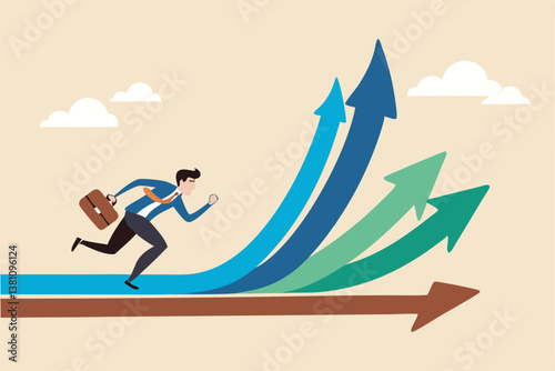Career decision, choosing direction choices for future opportunity, different path to success, decide or progress options for career growth concept, businessman running to different arrow pathway.