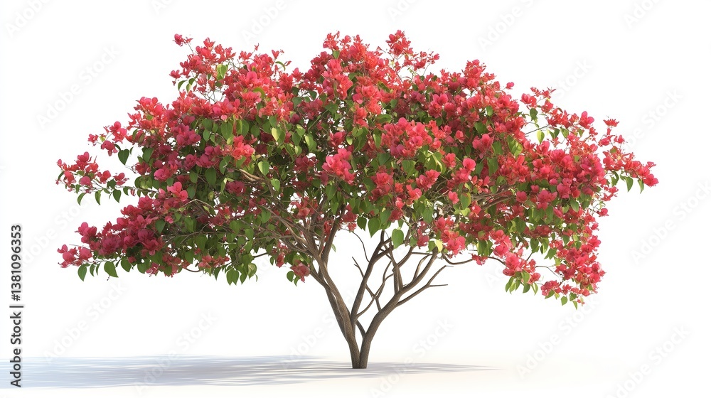 Fototapeta premium Small flowering tree with red blossoms and green foliage isolated on white