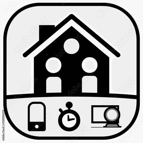 Home Icon with People, Smartphone, Timer, and Camera in Black Style  