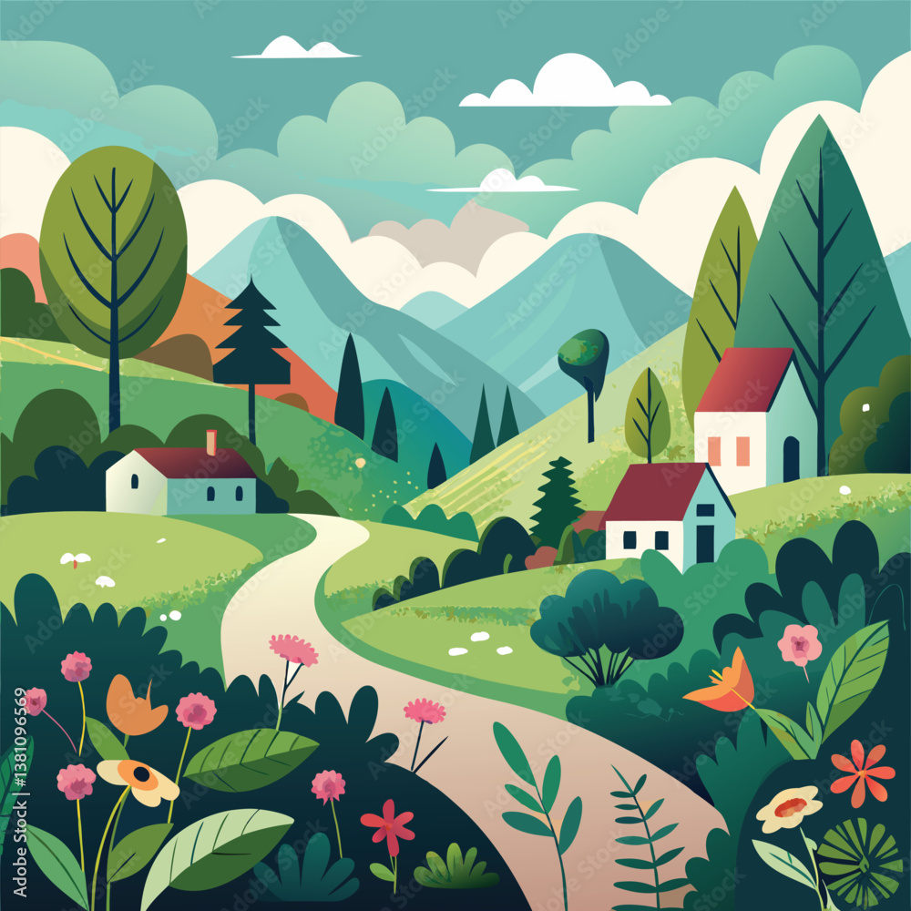 Fototapeta premium Cute Village Artwork with a Winding Path, Small House, and Mountain View