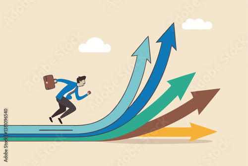 Career decision, choosing direction choices for future opportunity, different path to success, decide or progress options for career growth concept, businessman running to different arrow pathway.