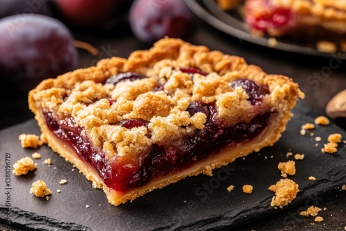 Delicious plum crumble tart slice with crumbly streusel topping on slate board