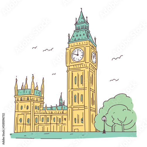 Famous British clock tower Big Ben isolated, vector, illustration