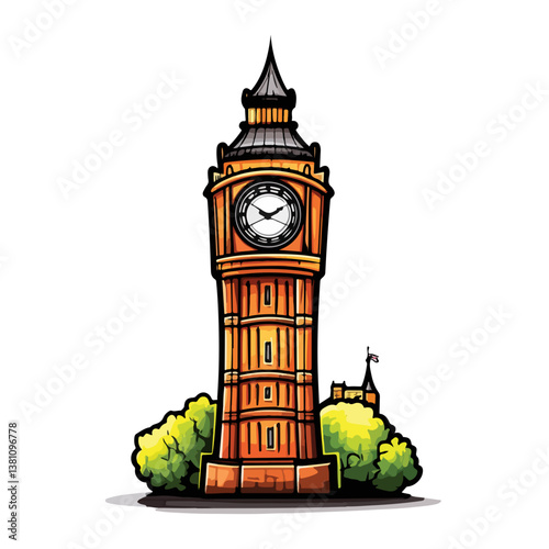 Famous British clock tower Big Ben isolated, vector, illustration