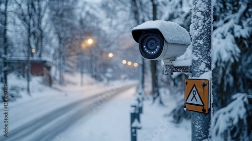 Weatherproof CCTV camera mounted on a tall post in a snowy landscape, no logo, safety symbol on a nearby sign