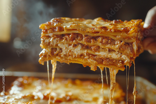 A mouth-watering lasagna being pulled from the oven with cheese oozing out, perfectly creamy and melted on top.  photo
