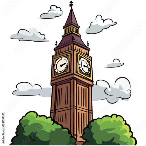Famous British clock tower Big Ben isolated, vector, illustration