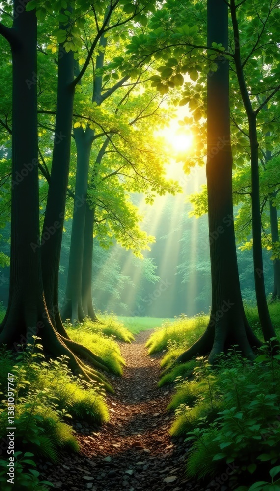 Fototapeta premium Forest scene with sunlight streaming through the trees' leafy canopy, serene, woods