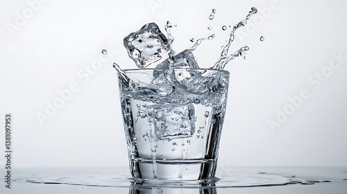 Ice cubes splash into a glass of water photo