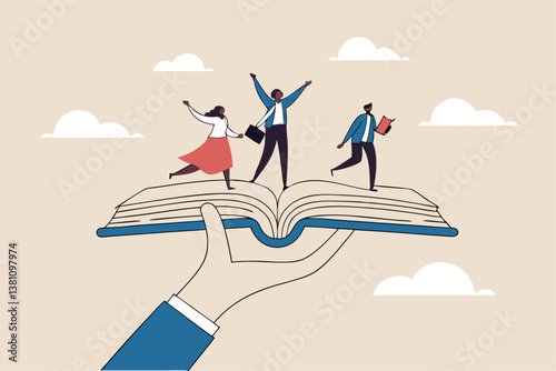 Employee handbook, manual for onboarding new staff, procedure or rule for welcome new hire to know company, business manual for success concept, businessman hand holding handbook with new employees.