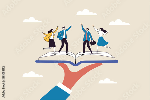 Employee handbook, manual for onboarding new staff, procedure or rule for welcome new hire to know company, business manual for success concept, businessman hand holding handbook with new employees.