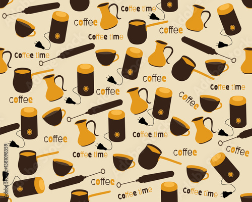 Seamless vector coffee-themed pattern on beige background. Perfect for cafe decor or kitchen accessories.Vector illustration