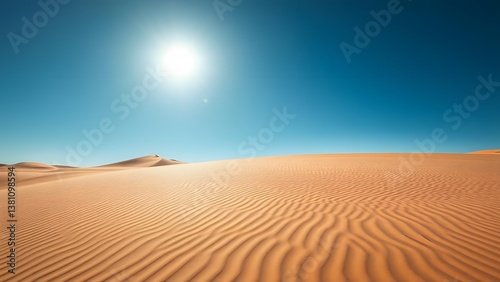 Vast desert landscape with golden sand dunes under a bright sun and clear blue sky, showcasing the beauty of nature and tranquility.   