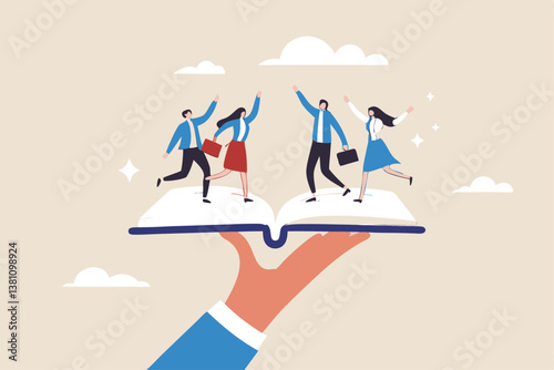 Employee handbook, manual for onboarding new staff, procedure or rule for welcome new hire to know company, business manual for success concept, businessman hand holding handbook with new employees.
