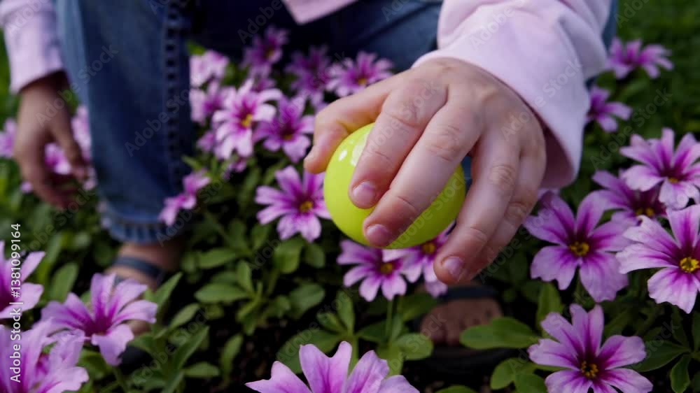 Close-up video of a child picking a green ball among purple flowers, shot from a low angle, capturing a playful and curious moment.