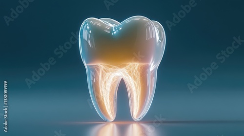 An isolated tooth with its nerve root glowing, highlighting dental care importance. Brightly colored background, no people. photo