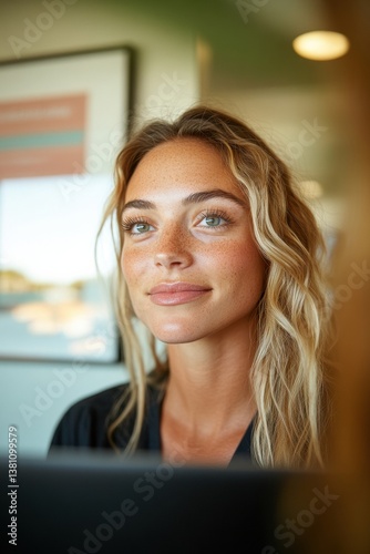 Free Download Radiant Creative Professional Soft-Focus Millennial Workspace Aesthetic with Warm Natural Lighting and Serene Entrepreneurial Expression - GFXLoad