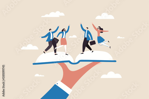 Employee handbook, manual for onboarding new staff, procedure or rule for welcome new hire to know company, business manual for success concept, businessman hand holding handbook with new employees.