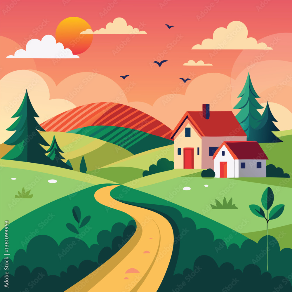 Fototapeta premium Idyllic Village Scenery with a Cottage, Greenery, and a Tranquil Atmosphere