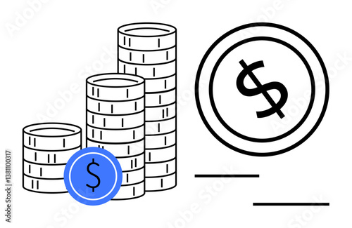 Stacks of coins next to a large dollar sign depict financial growth and planning. Ideal for investment, savings, wealth management, budgeting, banking, economic success, flat simple metaphor