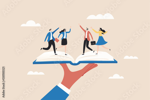 Employee handbook, manual for onboarding new staff, procedure or rule for welcome new hire to know company, business manual for success concept, businessman hand holding handbook with new employees.