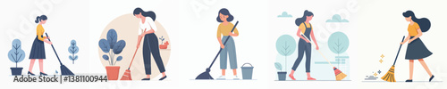 vector set of women sweeping