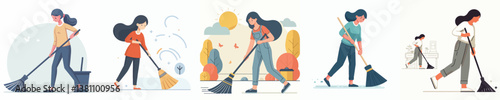 vector set of women sweeping