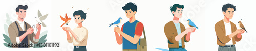 vector set of young men holding birds