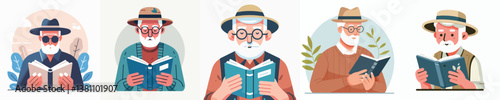 set of vectors of grandfathers reading books