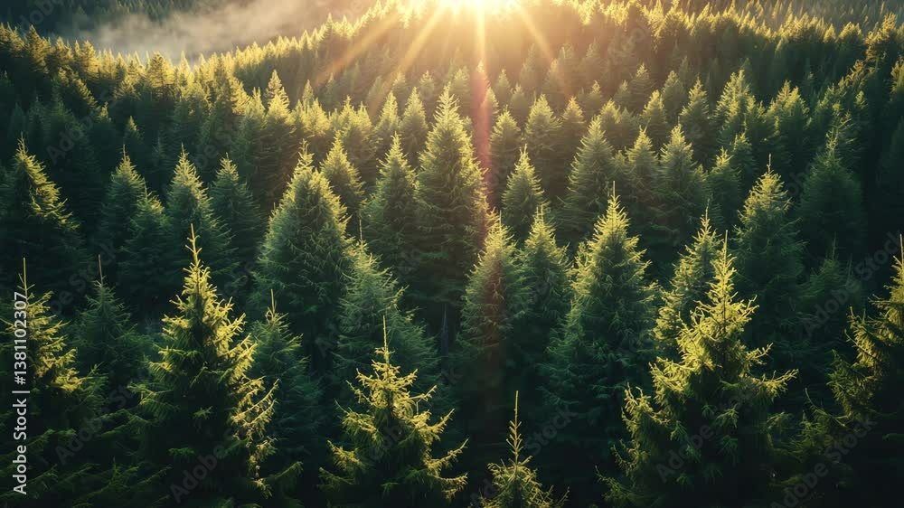Morning time in a fir tree forest