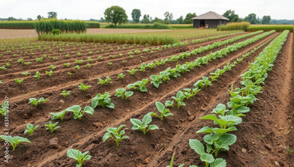 Obraz premium Lush Green Rows of Young Plants Growing in a Cultivated Field Agriculture