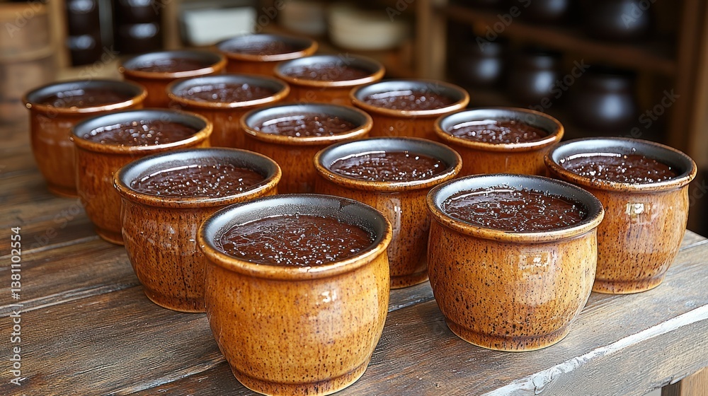 Fototapeta premium Rows of Earthenware Pots Filled with Doenjang, a Traditional Korean Soybean Paste