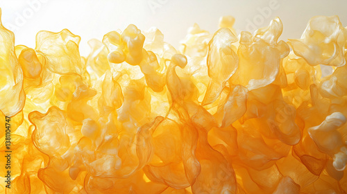 Colorful abstract texture of translucent yellow shapes resembling flowing waves and organic forms illuminated by bright light Generative AI