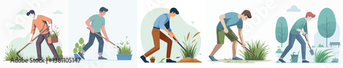 vector of young man cleaning grass