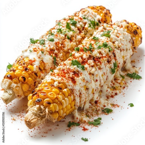Delicious grilled Mexican street corn (Elote) covered in creamy sauce on white background